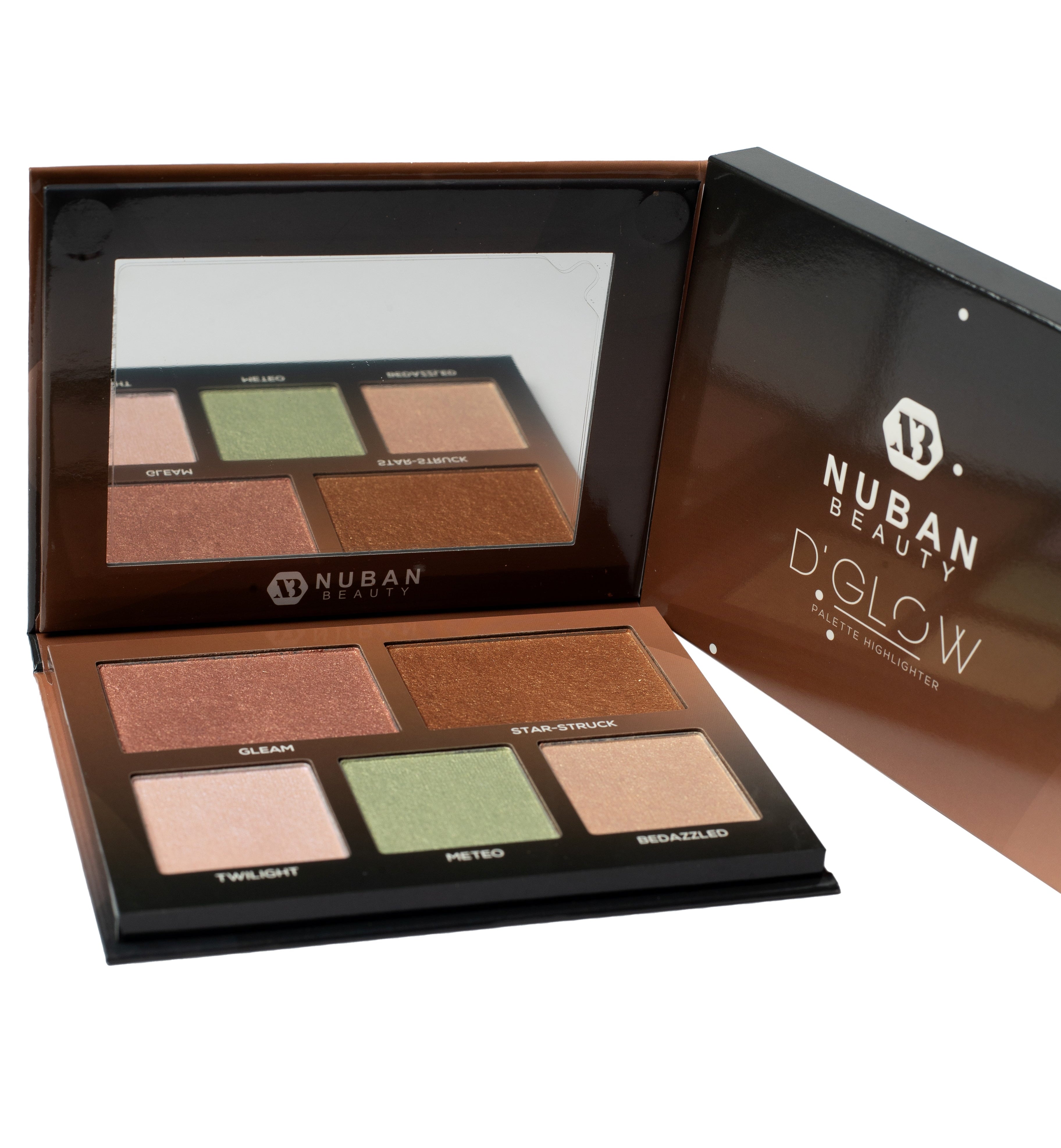 Nubar Beauty D.Glow highlighter palette with open case on a white background