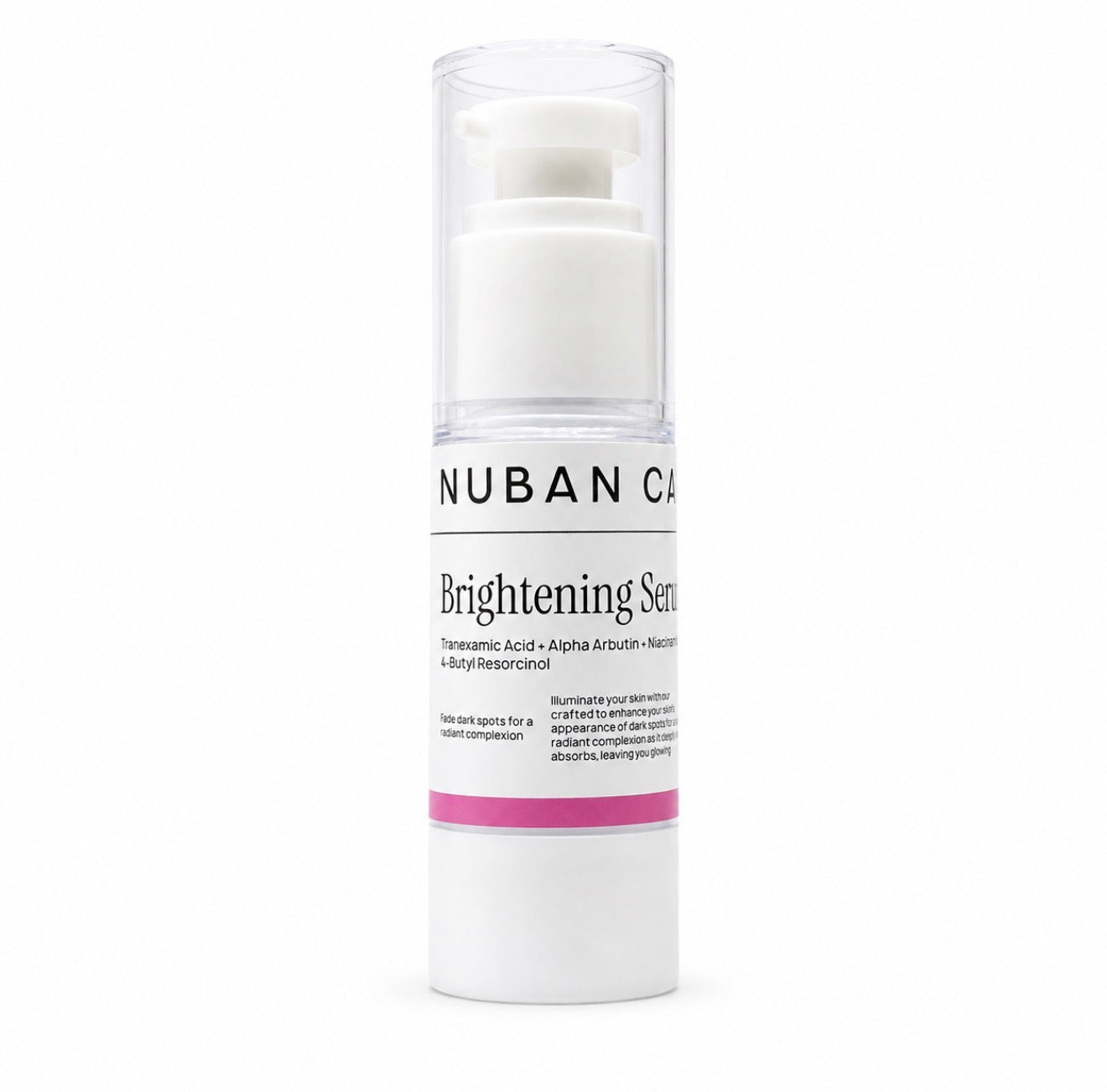 Nuban Cares Brightening Serum in a white pump bottle with a clear cap, featuring a white label with black text and a pink accent band, set against a plain white background.